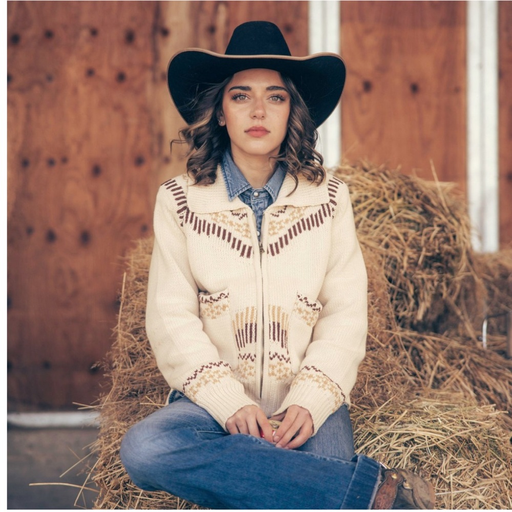 Senders Provisions Co Cream Western Knit Zip-Front Cardigan Sweater S